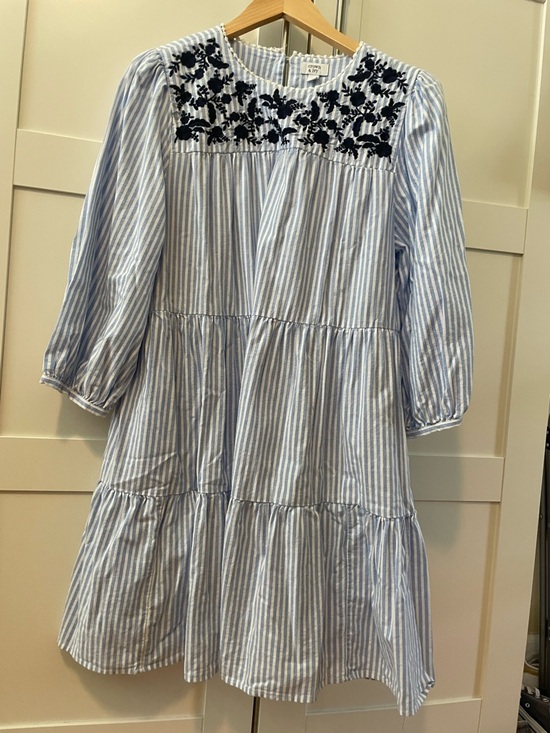 crown & ivy Dresses & Skirts - Blue & White Striped Tiered Dress with Navy Embroidery